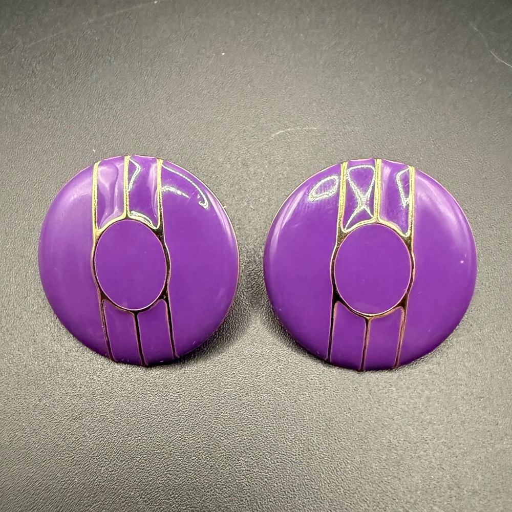 Vintage 80s Purple Enamel and Gold Tone Round Button Statement Earrings